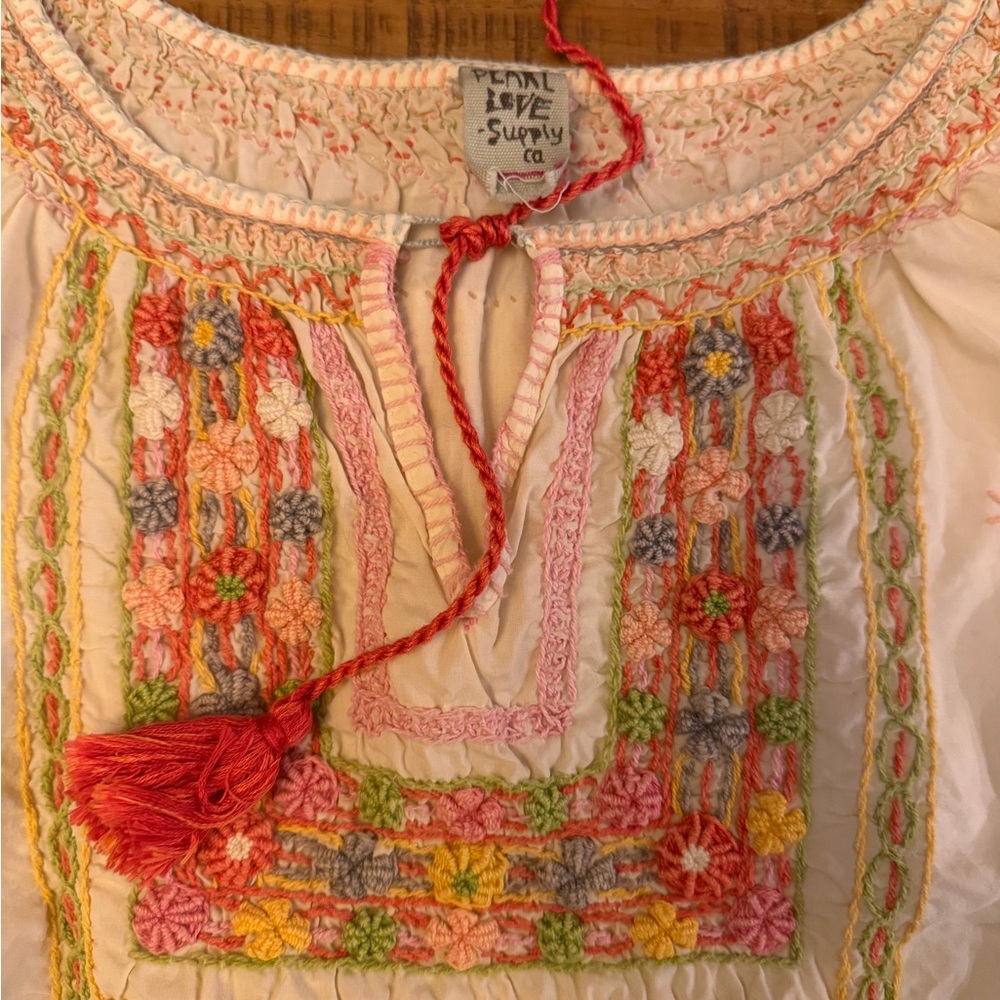 Magnolia Pearl Chrissy Fold Blouse Pink Tassel and Multicolor Embroidery EUC - Picture 2 of 8